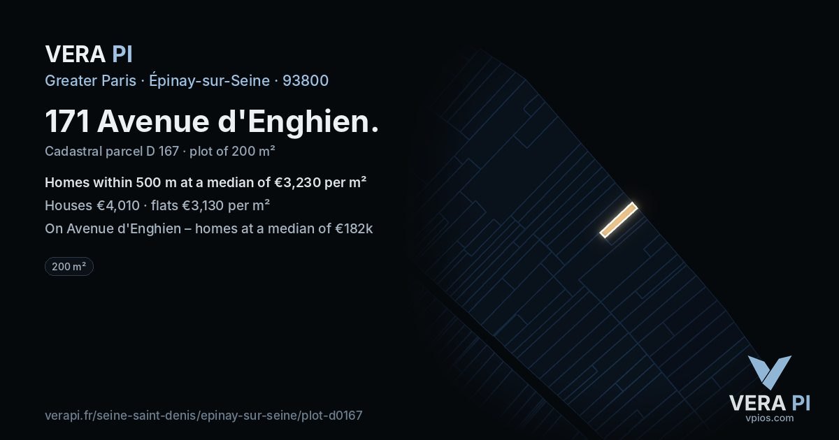 171 Avenue d'Enghien, Épinay-sur-Seine at night – the plot lit, the parcels around coloured by the prices near them