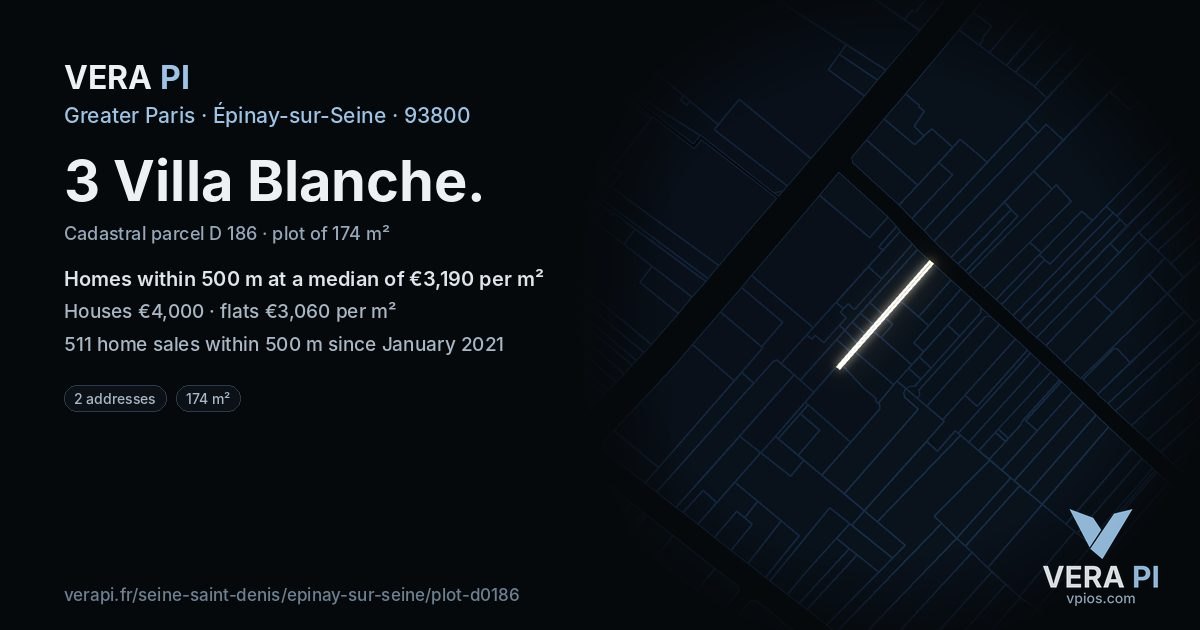 3 Villa Blanche, Épinay-sur-Seine at night – the plot lit, the parcels around coloured by the prices near them