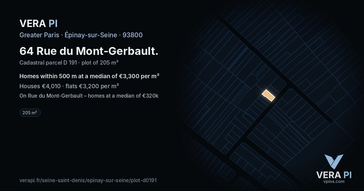 64 Rue du Mont-Gerbault, Épinay-sur-Seine at night – the plot lit, the parcels around coloured by the prices near them