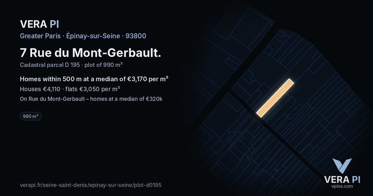 7 Rue du Mont-Gerbault, Épinay-sur-Seine at night – the plot lit, the parcels around coloured by the prices near them