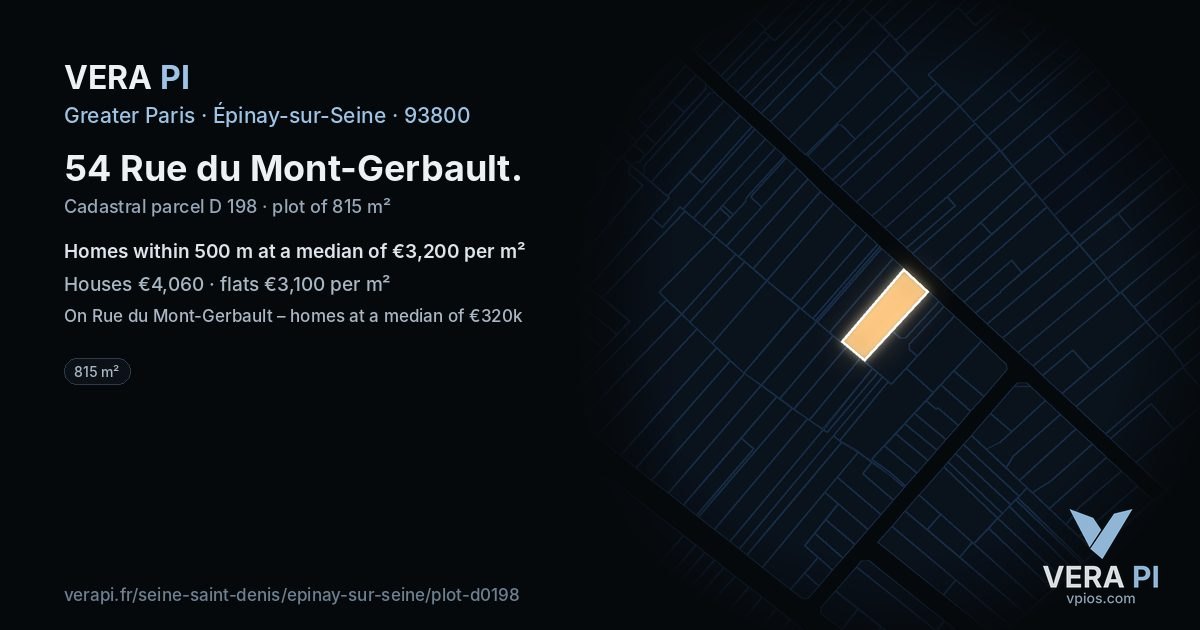 54 Rue du Mont-Gerbault, Épinay-sur-Seine at night – the plot lit, the parcels around coloured by the prices near them