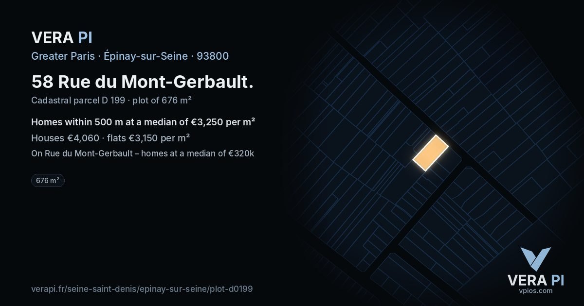 58 Rue du Mont-Gerbault, Épinay-sur-Seine at night – the plot lit, the parcels around coloured by the prices near them