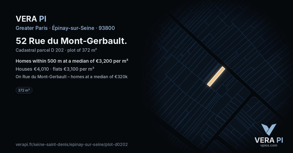 52 Rue du Mont-Gerbault, Épinay-sur-Seine at night – the plot lit, the parcels around coloured by the prices near them