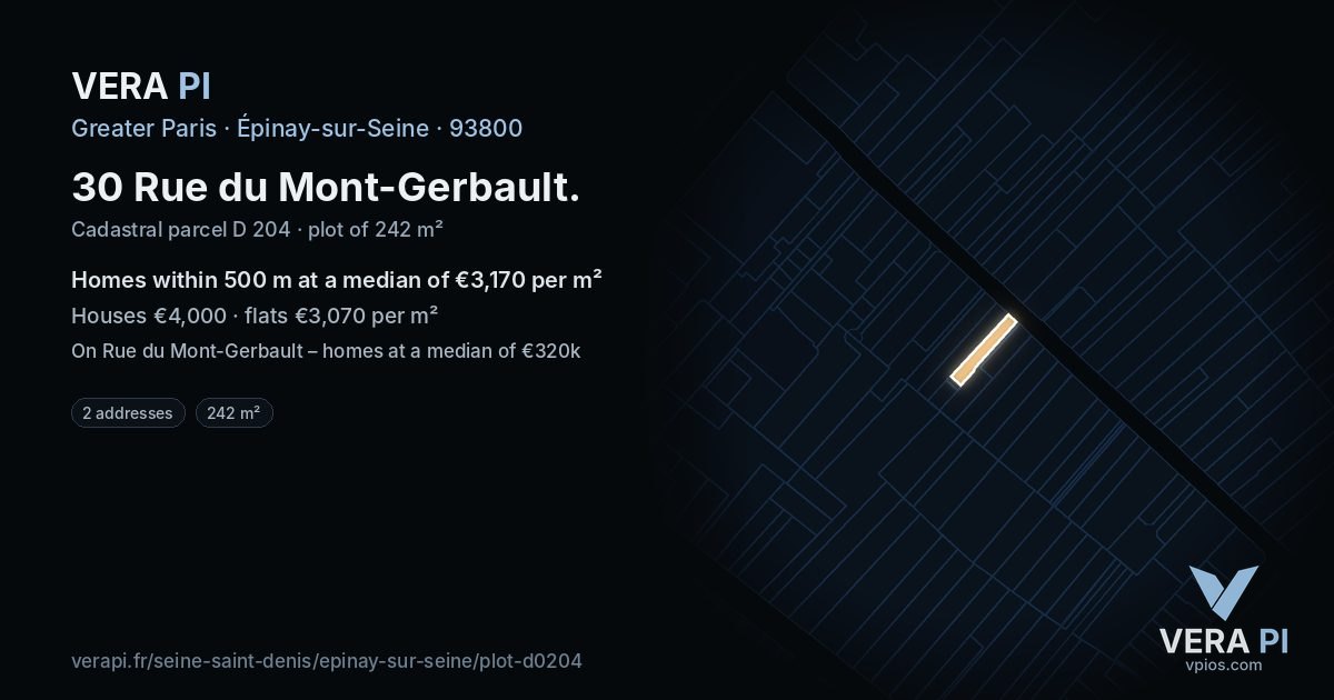30 Rue du Mont-Gerbault, Épinay-sur-Seine at night – the plot lit, the parcels around coloured by the prices near them