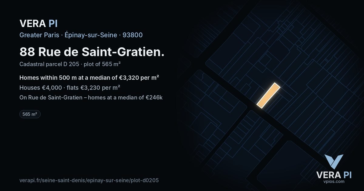 88 Rue de Saint-Gratien, Épinay-sur-Seine at night – the plot lit, the parcels around coloured by the prices near them