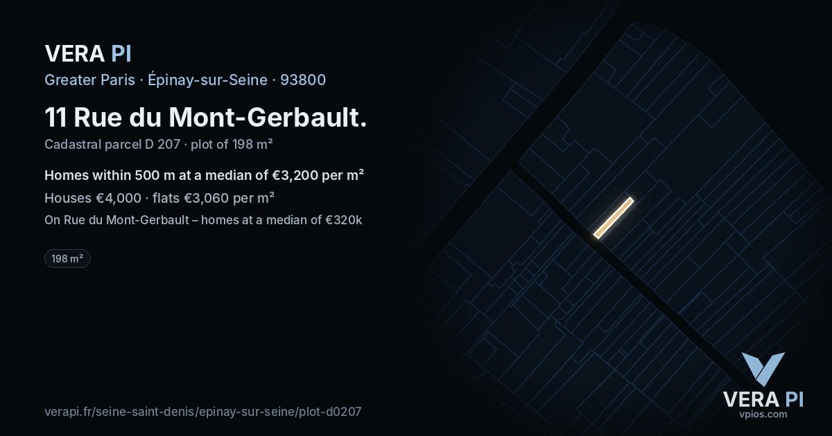 11 Rue du Mont-Gerbault, Épinay-sur-Seine at night – the plot lit, the parcels around coloured by the prices near them
