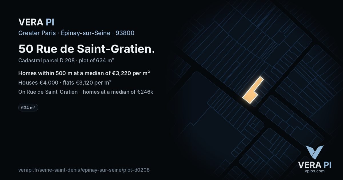 50 Rue de Saint-Gratien, Épinay-sur-Seine at night – the plot lit, the parcels around coloured by the prices near them