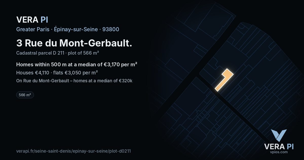 3 Rue du Mont-Gerbault, Épinay-sur-Seine at night – the plot lit, the parcels around coloured by the prices near them