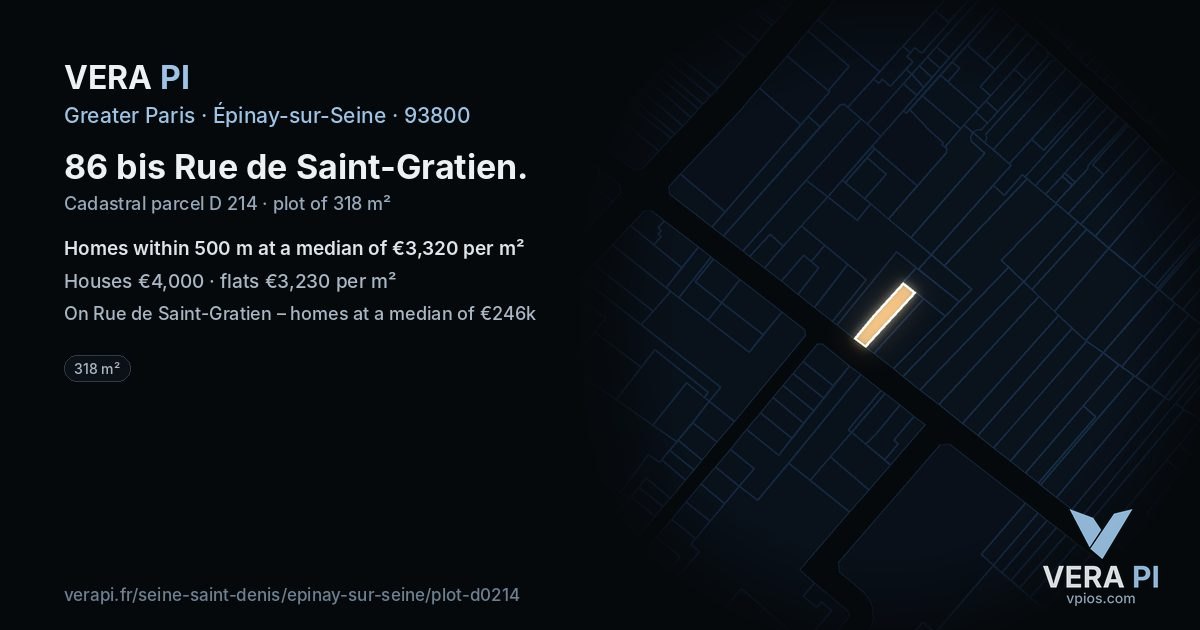 86 bis Rue de Saint-Gratien, Épinay-sur-Seine at night – the plot lit, the parcels around coloured by the prices near them