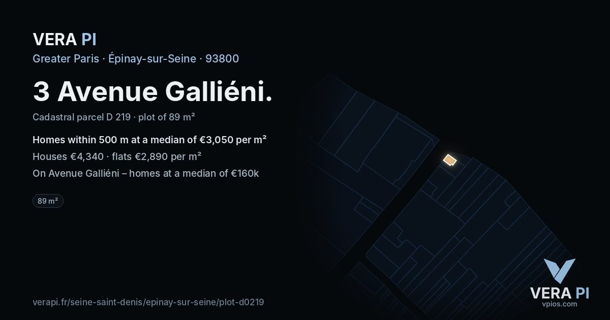 3 Avenue Galliéni, Épinay-sur-Seine at night – the plot lit, the parcels around coloured by the prices near them