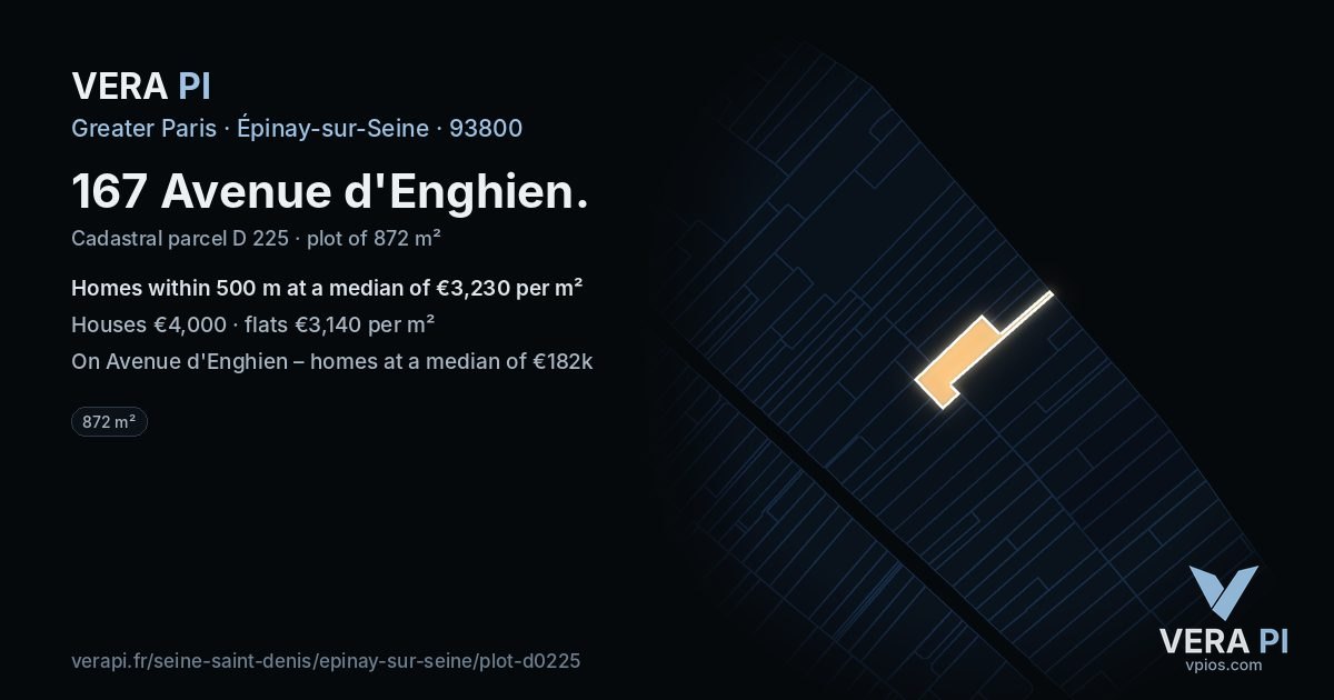 167 Avenue d'Enghien, Épinay-sur-Seine at night – the plot lit, the parcels around coloured by the prices near them
