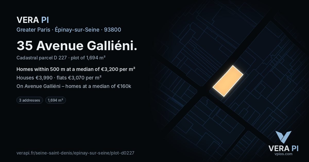 35 Avenue Galliéni, Épinay-sur-Seine at night – the plot lit, the parcels around coloured by the prices near them