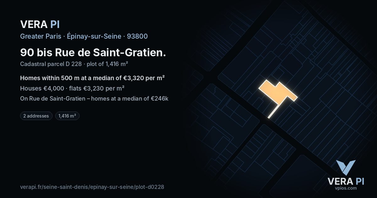 90 bis Rue de Saint-Gratien, Épinay-sur-Seine at night – the plot lit, the parcels around coloured by the prices near them