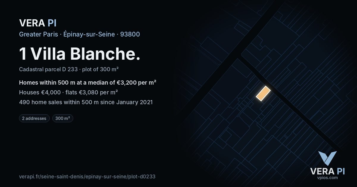 1 Villa Blanche, Épinay-sur-Seine at night – the plot lit, the parcels around coloured by the prices near them