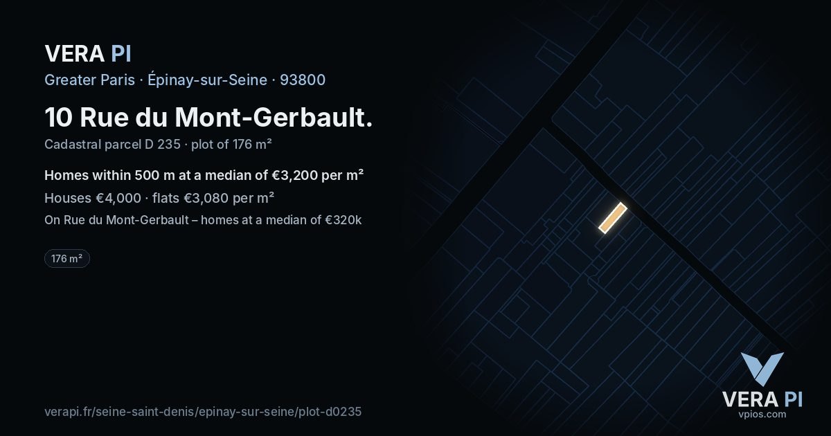 10 Rue du Mont-Gerbault, Épinay-sur-Seine at night – the plot lit, the parcels around coloured by the prices near them