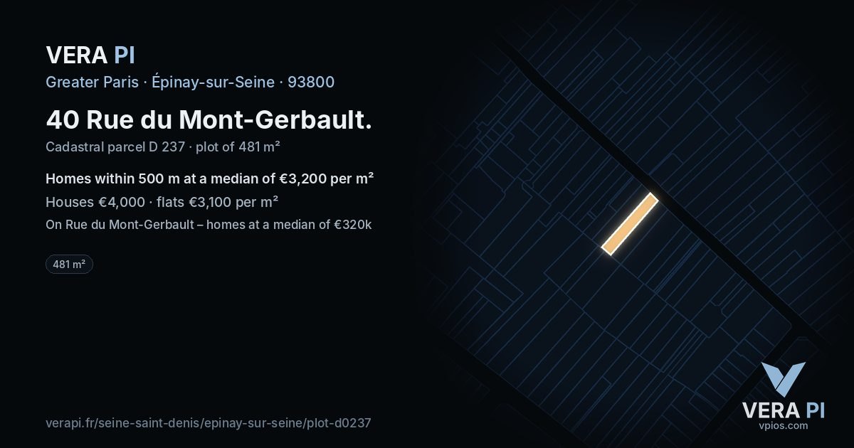 40 Rue du Mont-Gerbault, Épinay-sur-Seine at night – the plot lit, the parcels around coloured by the prices near them
