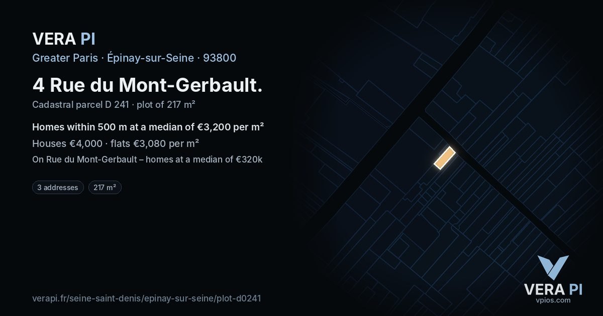 4 Rue du Mont-Gerbault, Épinay-sur-Seine at night – the plot lit, the parcels around coloured by the prices near them