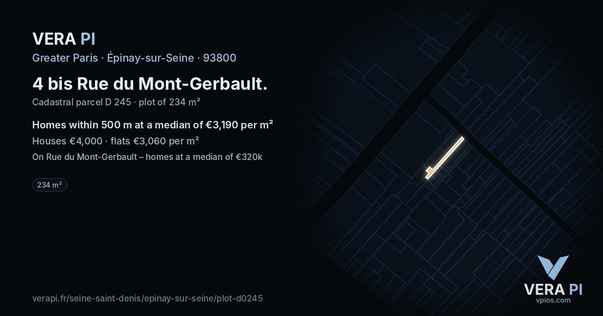 4 bis Rue du Mont-Gerbault, Épinay-sur-Seine at night – the plot lit, the parcels around coloured by the prices near them