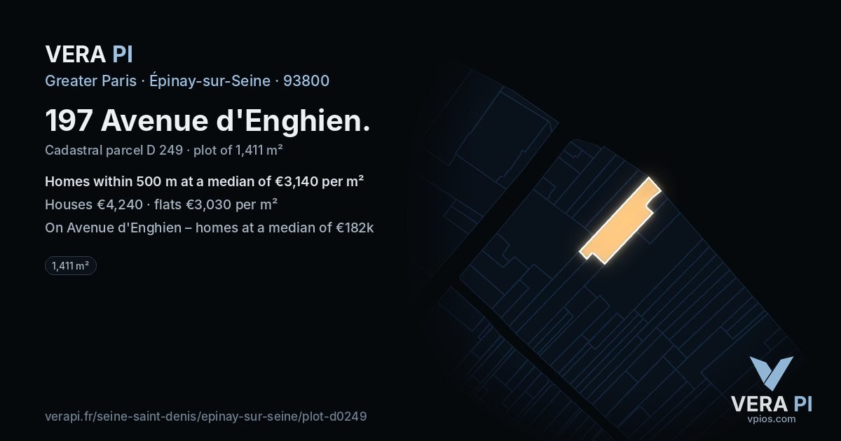 197 Avenue d'Enghien, Épinay-sur-Seine at night – the plot lit, the parcels around coloured by the prices near them