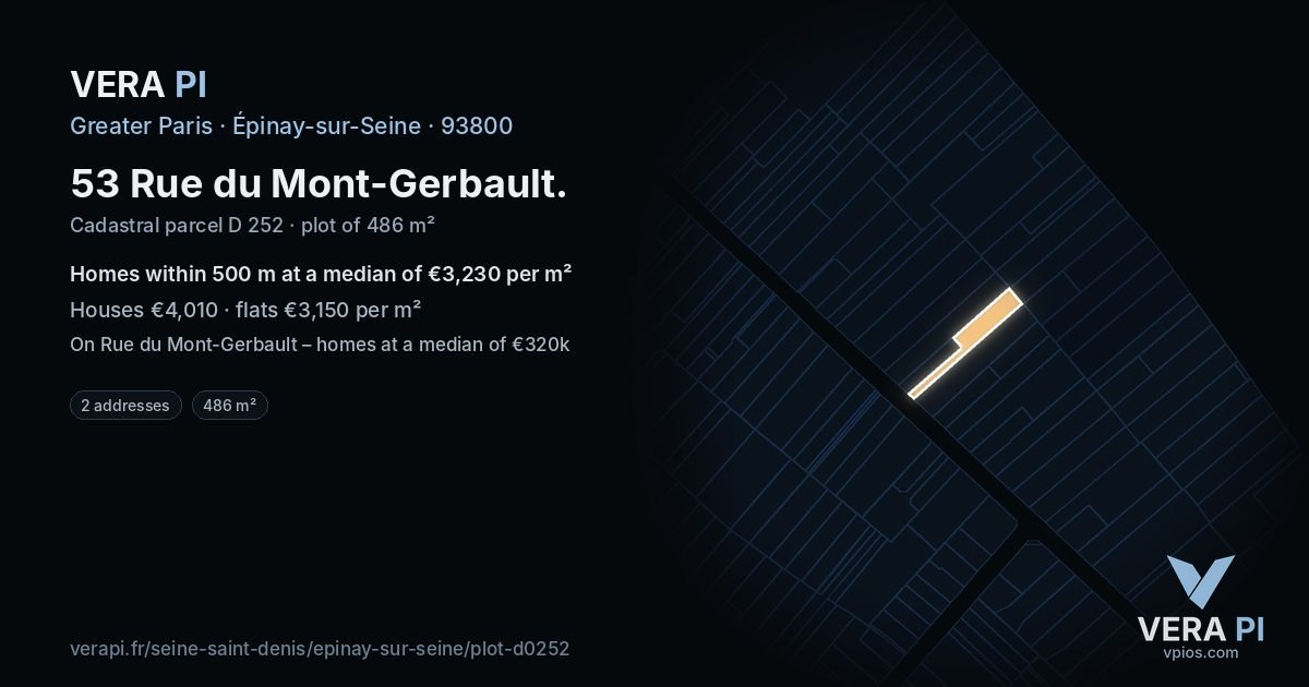53 Rue du Mont-Gerbault, Épinay-sur-Seine at night – the plot lit, the parcels around coloured by the prices near them