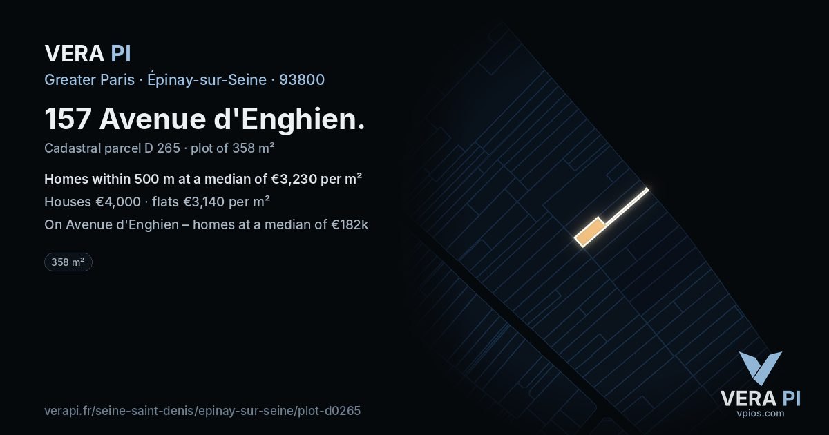 157 Avenue d'Enghien, Épinay-sur-Seine at night – the plot lit, the parcels around coloured by the prices near them