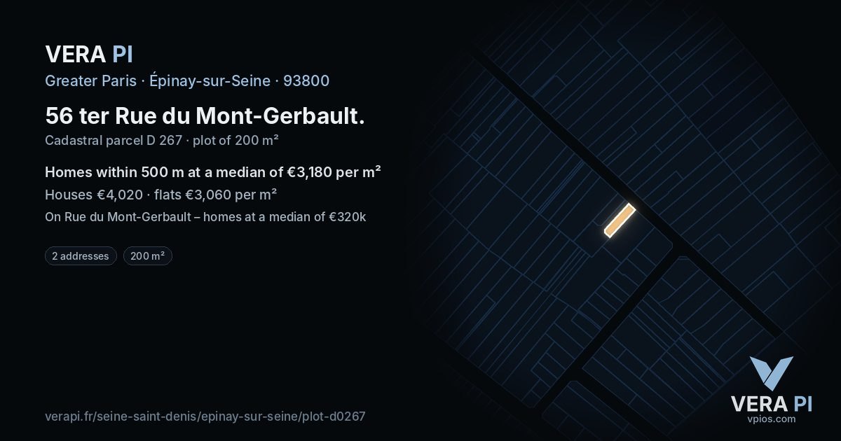 56 ter Rue du Mont-Gerbault, Épinay-sur-Seine at night – the plot lit, the parcels around coloured by the prices near them