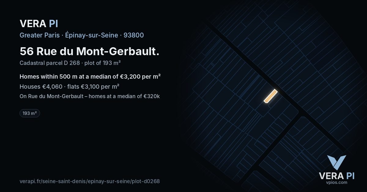 56 Rue du Mont-Gerbault, Épinay-sur-Seine at night – the plot lit, the parcels around coloured by the prices near them