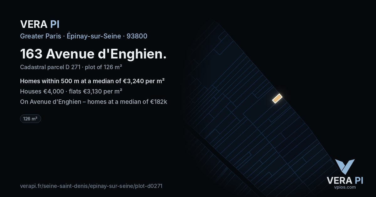 163 Avenue d'Enghien, Épinay-sur-Seine at night – the plot lit, the parcels around coloured by the prices near them