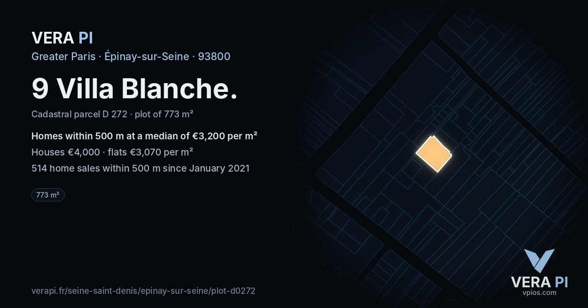 9 Villa Blanche, Épinay-sur-Seine at night – the plot lit, the parcels around coloured by the prices near them