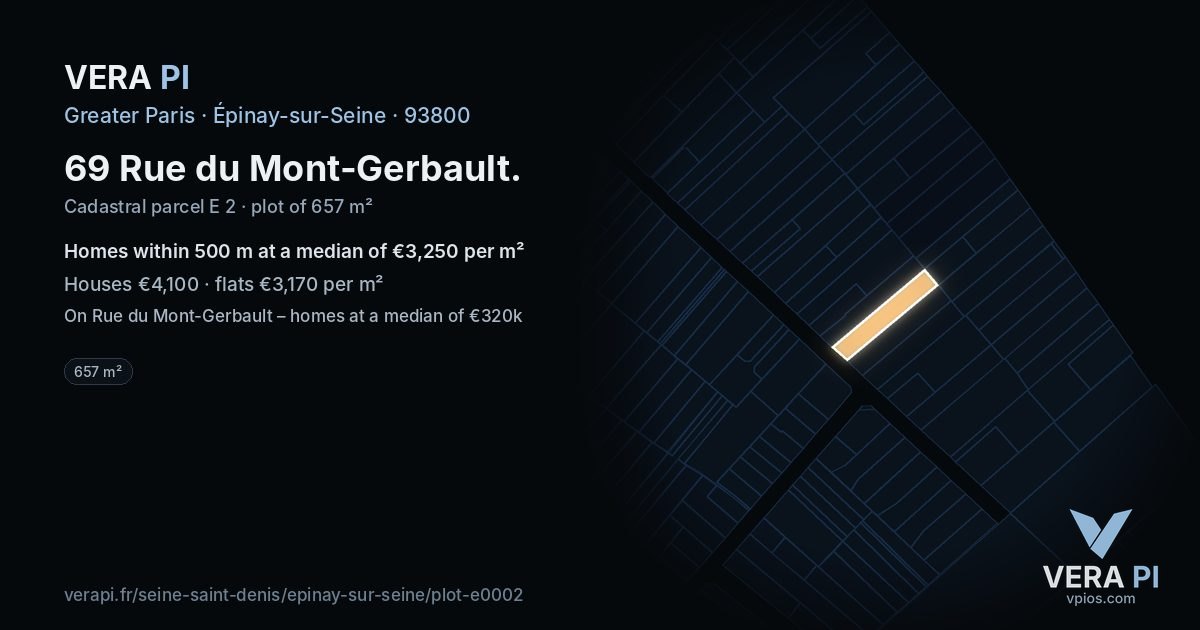 69 Rue du Mont-Gerbault, Épinay-sur-Seine at night – the plot lit, the parcels around coloured by the prices near them