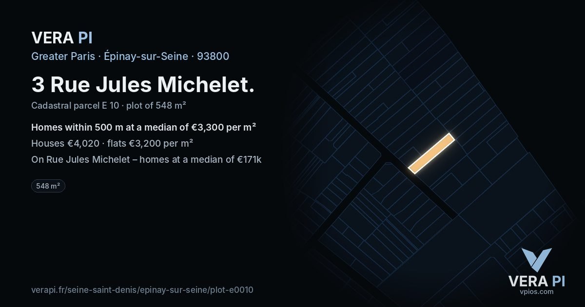 3 Rue Jules Michelet, Épinay-sur-Seine at night – the plot lit, the parcels around coloured by the prices near them