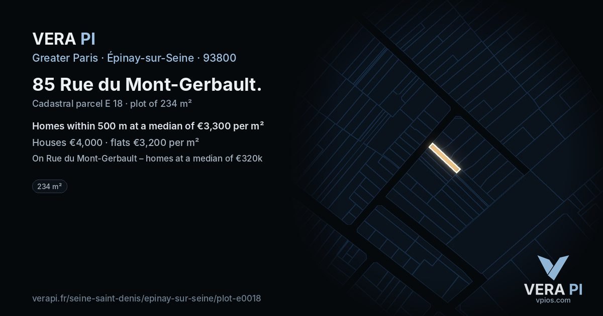 85 Rue du Mont-Gerbault, Épinay-sur-Seine at night – the plot lit, the parcels around coloured by the prices near them