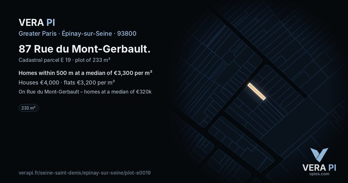 87 Rue du Mont-Gerbault, Épinay-sur-Seine at night – the plot lit, the parcels around coloured by the prices near them