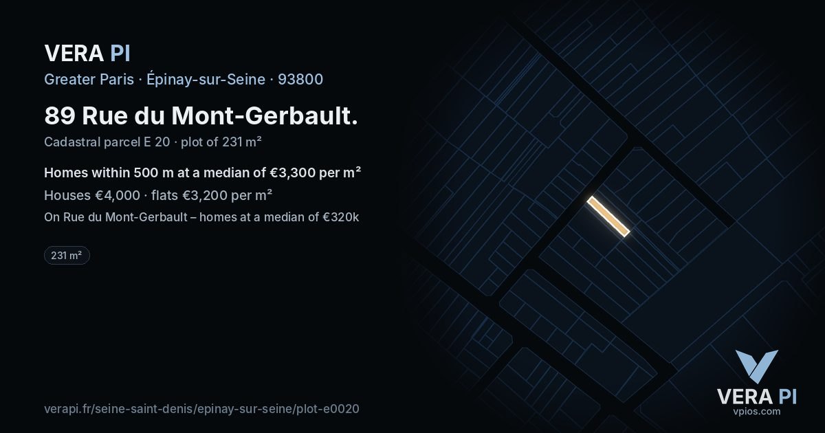 89 Rue du Mont-Gerbault, Épinay-sur-Seine at night – the plot lit, the parcels around coloured by the prices near them
