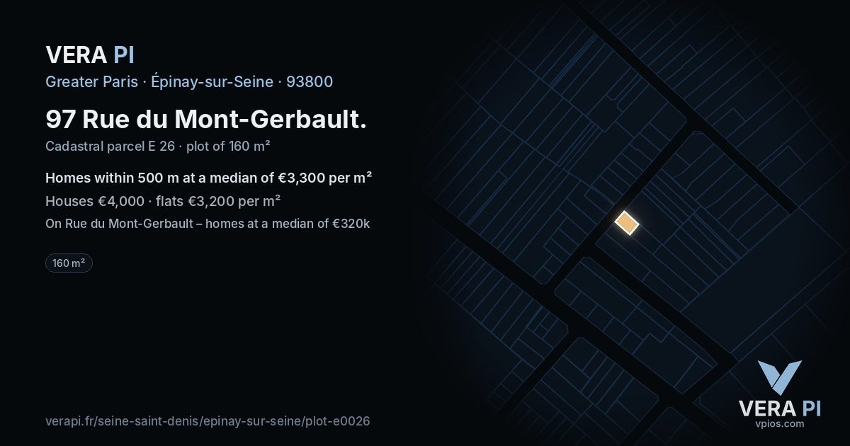 97 Rue du Mont-Gerbault, Épinay-sur-Seine at night – the plot lit, the parcels around coloured by the prices near them