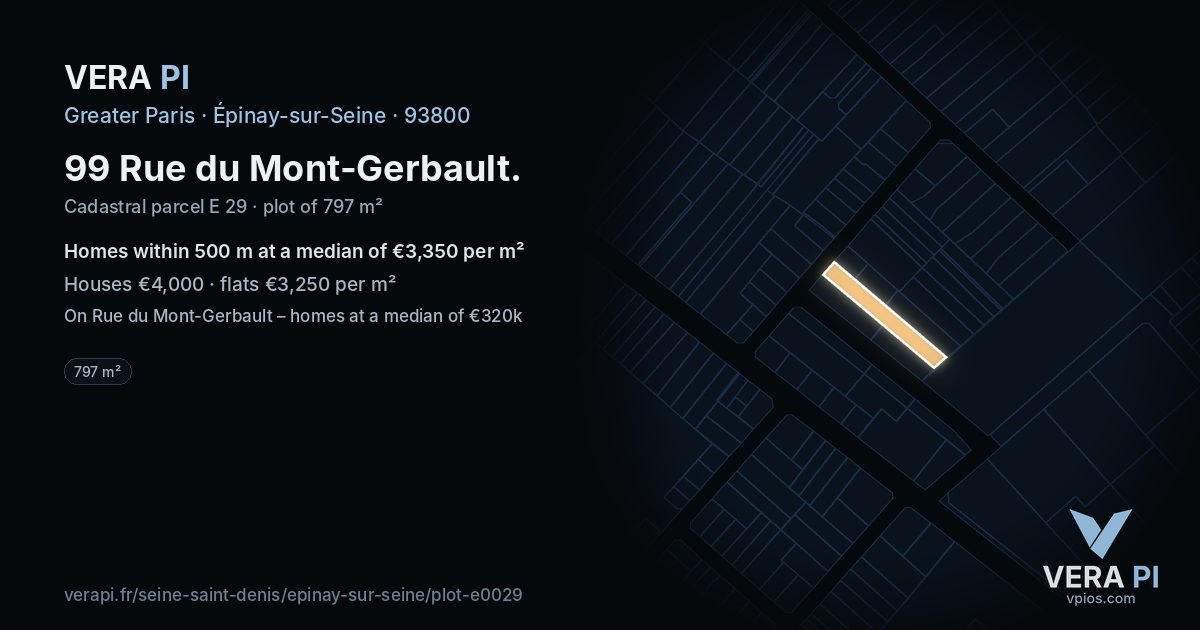 99 Rue du Mont-Gerbault, Épinay-sur-Seine at night – the plot lit, the parcels around coloured by the prices near them