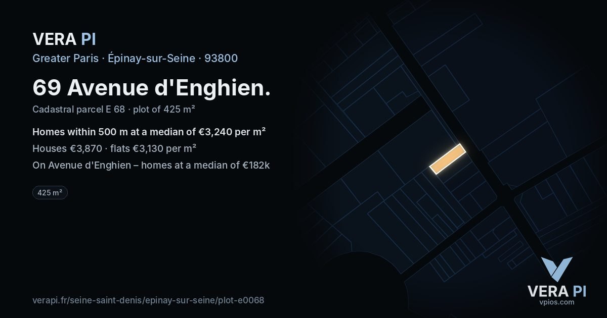69 Avenue d'Enghien, Épinay-sur-Seine at night – the plot lit, the parcels around coloured by the prices near them