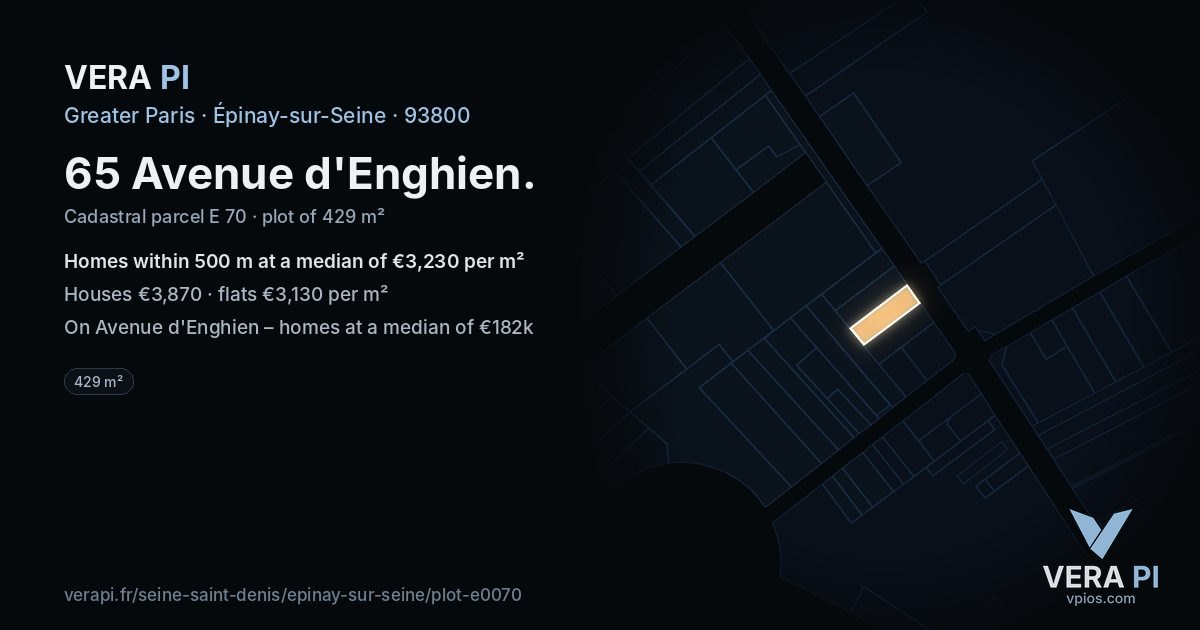 65 Avenue d'Enghien, Épinay-sur-Seine at night – the plot lit, the parcels around coloured by the prices near them