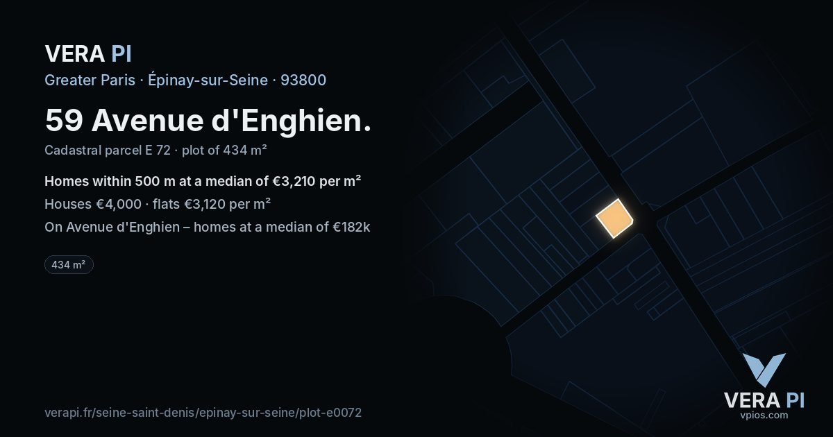 59 Avenue d'Enghien, Épinay-sur-Seine at night – the plot lit, the parcels around coloured by the prices near them