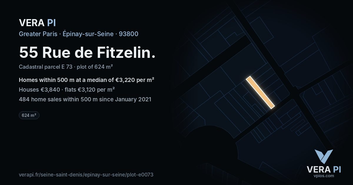 55 Rue de Fitzelin, Épinay-sur-Seine at night – the plot lit, the parcels around coloured by the prices near them