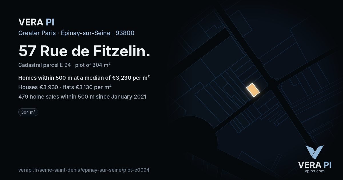 57 Rue de Fitzelin, Épinay-sur-Seine at night – the plot lit, the parcels around coloured by the prices near them