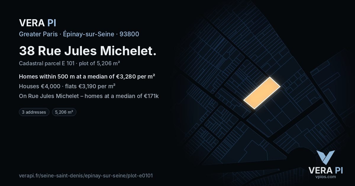 38 Rue Jules Michelet, Épinay-sur-Seine at night – the plot lit, the parcels around coloured by the prices near them