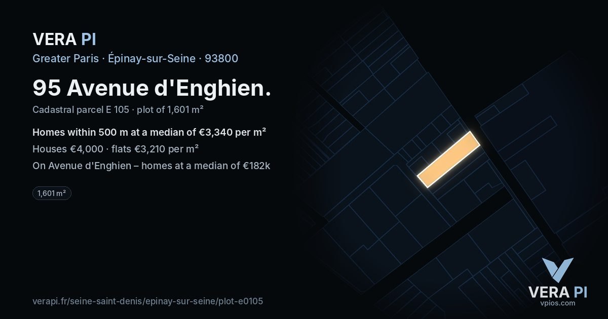 95 Avenue d'Enghien, Épinay-sur-Seine at night – the plot lit, the parcels around coloured by the prices near them