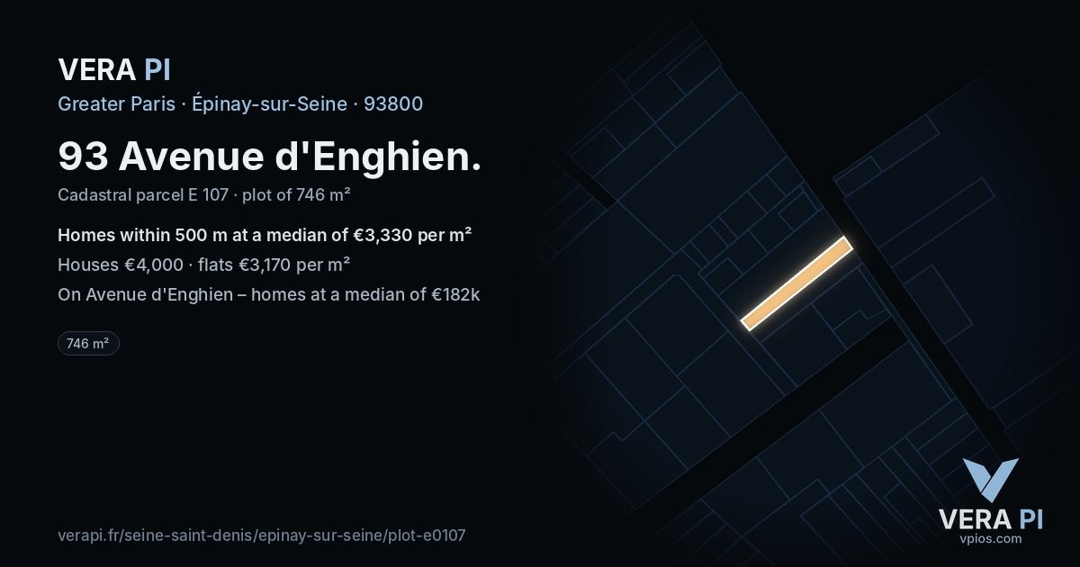 93 Avenue d'Enghien, Épinay-sur-Seine at night – the plot lit, the parcels around coloured by the prices near them