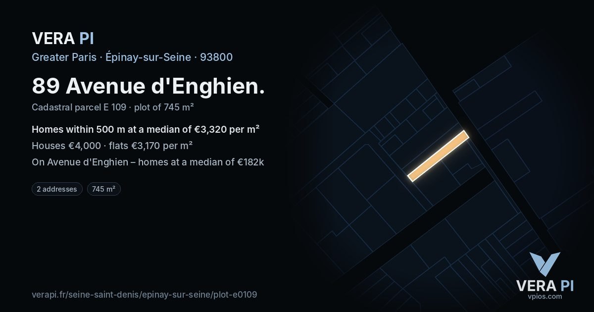89 Avenue d'Enghien, Épinay-sur-Seine at night – the plot lit, the parcels around coloured by the prices near them
