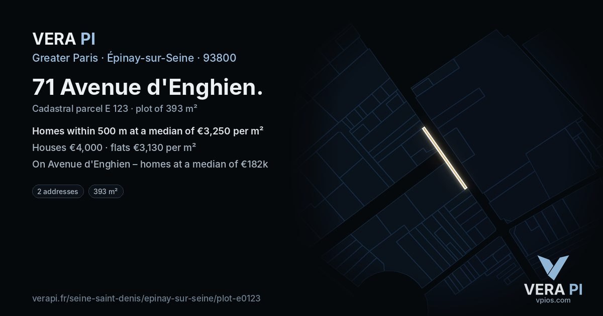 71 Avenue d'Enghien, Épinay-sur-Seine at night – the plot lit, the parcels around coloured by the prices near them