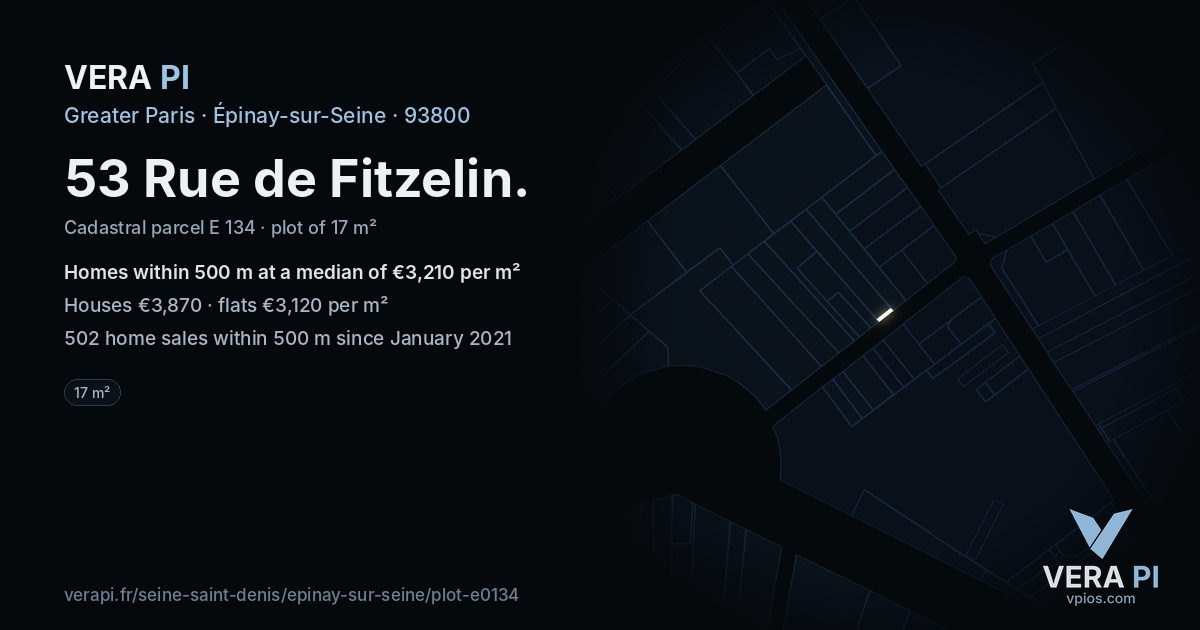 53 Rue de Fitzelin, Épinay-sur-Seine at night – the plot lit, the parcels around coloured by the prices near them