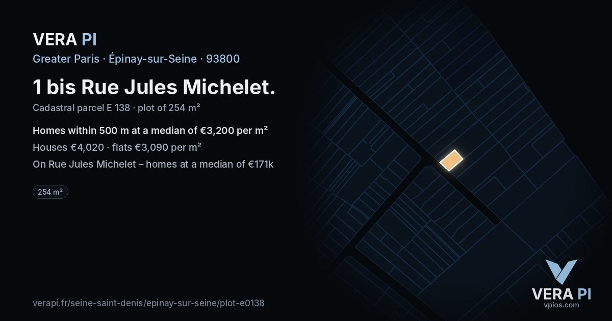 1 bis Rue Jules Michelet, Épinay-sur-Seine at night – the plot lit, the parcels around coloured by the prices near them