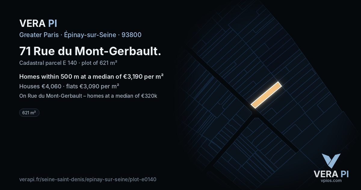 71 Rue du Mont-Gerbault, Épinay-sur-Seine at night – the plot lit, the parcels around coloured by the prices near them
