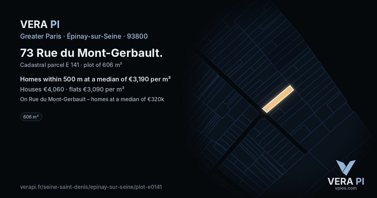 73 Rue du Mont-Gerbault, Épinay-sur-Seine at night – the plot lit, the parcels around coloured by the prices near them